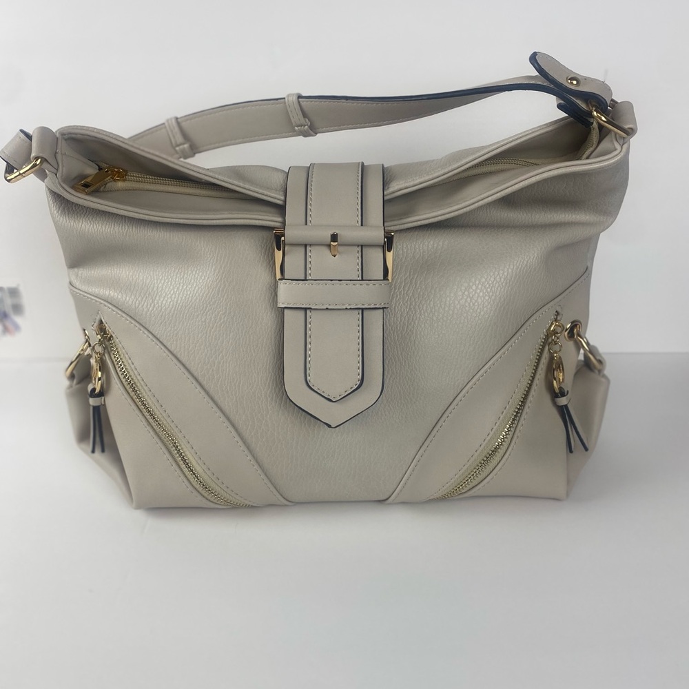 Mia K. Collection Beige Vegan Leather Shoulder Bag with Gold Accents